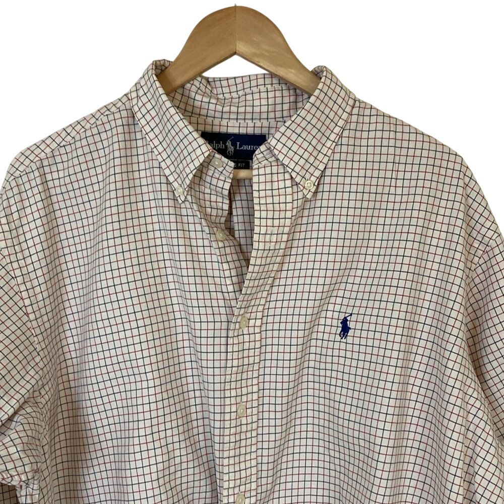 Ralph Lauren Mens Classic Fit Windowpane‎ Button Down XL Red White Blue Pony